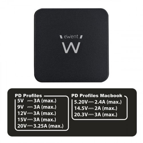 Ewent EW3980 Cargador de Dispositivo Móvil Interior, 65W, USB C, Negro, 3m