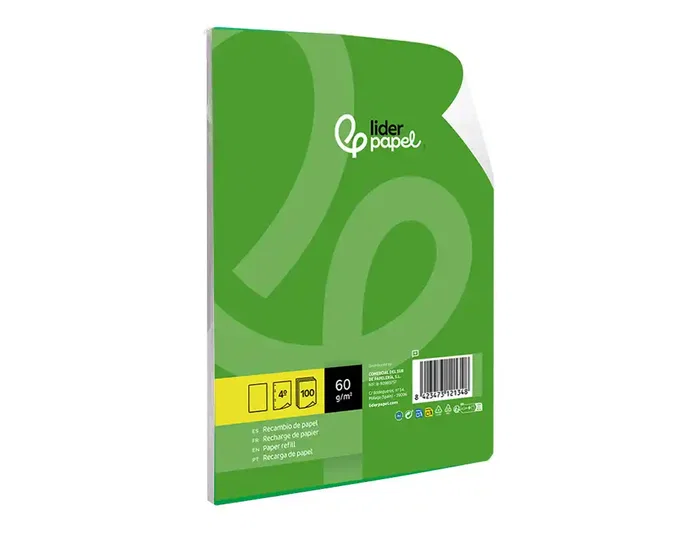 Liderpapel Recambio de hojas tamaño cuarto, 100 hojas, 60g, liso sin margen, 6 taladros