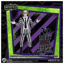 Mezco Toyz Figura Beetlejuice Traje a Rayas 5 Points 9.5 cm - Figura de Acción Coleccionable con Lápida, inspirada en la película de Tim Burton (1988)