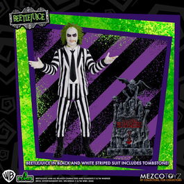 Mezco Toyz Figura Beetlejuice Striped Suite Beetlejuice 9,5cm con Lápida