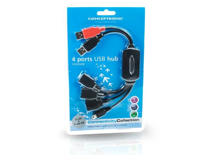 Conceptronic 1100013 Hub USB 2.0 CFLEXHUB Flexible y Alimentado, 4 Puertos (3 USB B + 1 Mini USB) para Ordenador y Portátil - Color Negro y Rojo