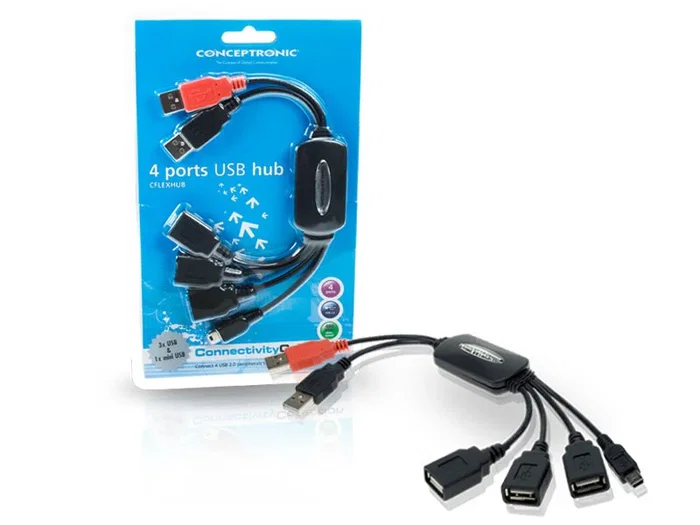 Conceptronic 1100013 Hub USB 2.0 CFLEXHUB Flexible y Alimentado, 4 Puertos (3 USB B + 1 Mini USB) para Ordenador y Portátil - Color Negro y Rojo