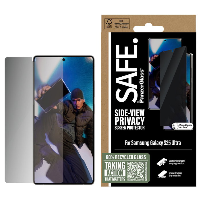PanzerGlass Protector de Pantalla Privacidad SAFE. para Samsung Galaxy S25 Ultra, 6.9", Vidrio Templado, Aplicación en Seco, Anti-huellas, Kit Incluido