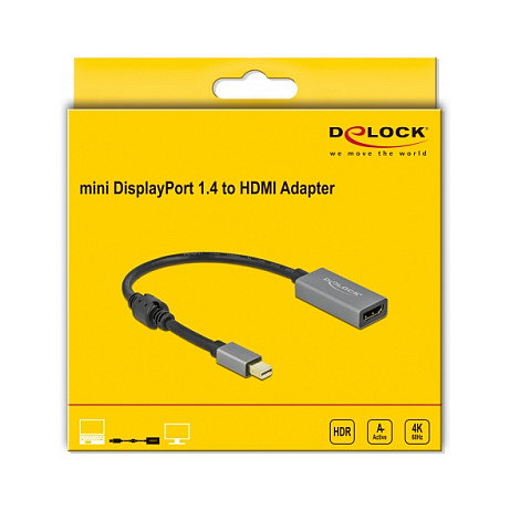 DeLOCK Adaptador Activo Mini DisplayPort 1.4 a HDMI 4K 60Hz HDR 0.2m Negro/Gris, Conector Macho a Hembra, parade PS186, para Windows/Mac