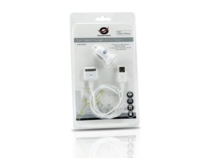 Conceptronic CUSBCAR2ASET Cargador Coche USB 12/24V 2 Puertos 2A Blanco para Apple iPhone iPad Tablet MP3 MP4 Smartphone
