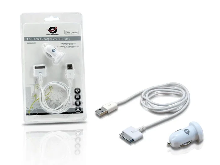 Conceptronic CUSBCAR2ASET Cargador Coche USB 12/24V 2 Puertos 2A Blanco para Apple iPhone iPad Tablet MP3 MP4 Smartphone