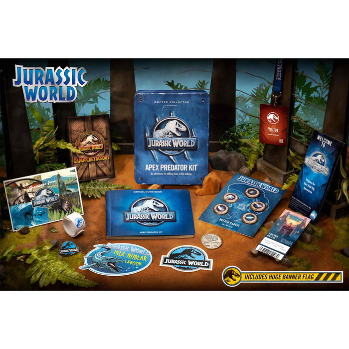 Doctor Collector Kit Predator Apex Jurassic World Caja Metálica, Libro Guía, Bandera 135x45cm, Pulsera VIP, Pin y Colección Exclusiva