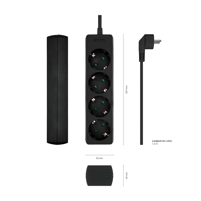 Aisens Regleta de 4 Tomas con Cable de 1,4 m, Negro
