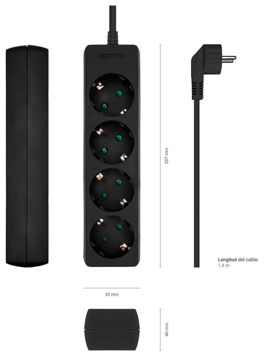 Aisens Regleta de 4 Tomas con Cable de 1,4 m, Negro