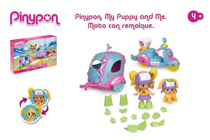 Pinypon my puppy and me figura con mascota, moto, remolque y accesorios