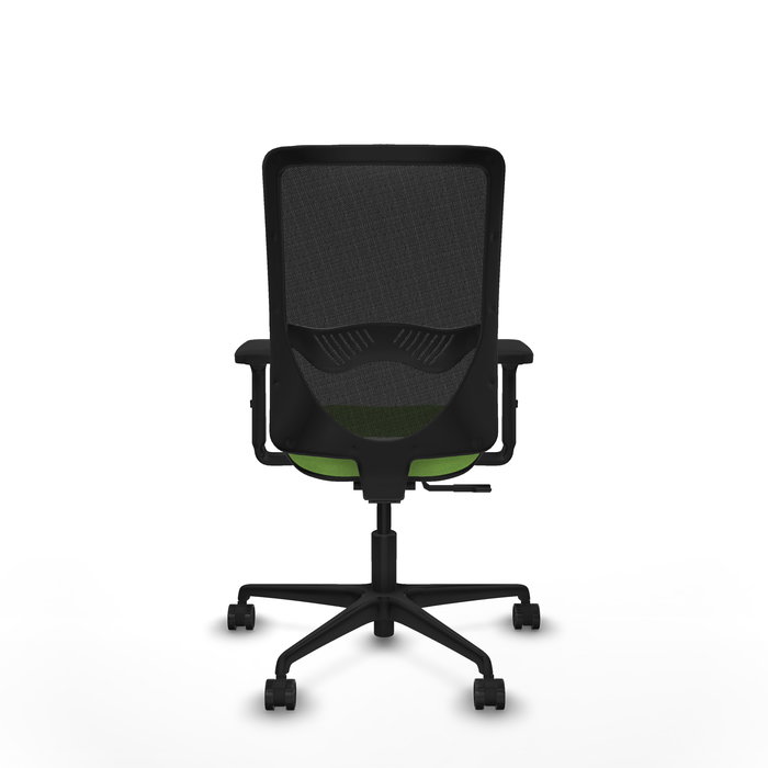 Silla de oficina Zulema con mecanismo Sincro tapizada con Tela color Pistacho y malla color Negro. Equipada con lumbar 1D, Brazos 2D y Ruedas 65mm nailon