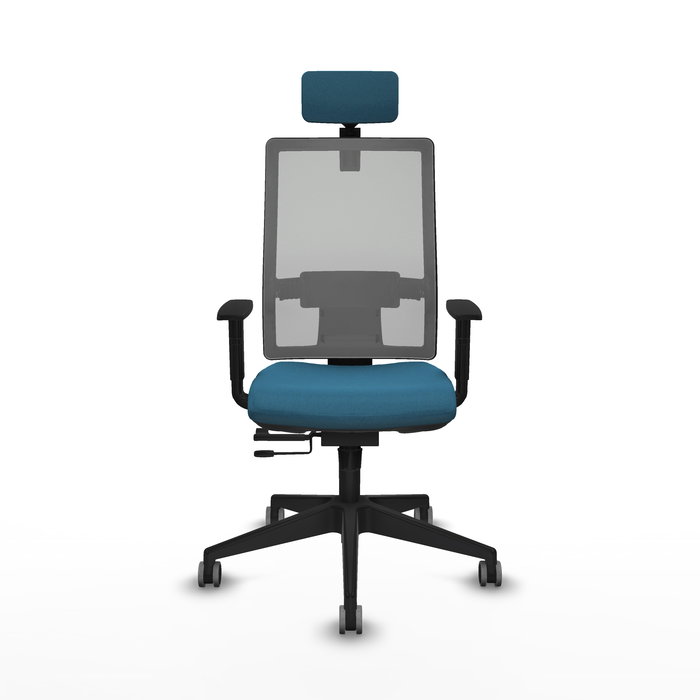 Silla de oficina Horna con mecanismo Sincro/Traslack tapizada con Tela color Verde petróleo y malla color Gris. Equipada con lumbar 1D, Brazos 1D, Cabecero 2D y Ruedas 65 mm parqué