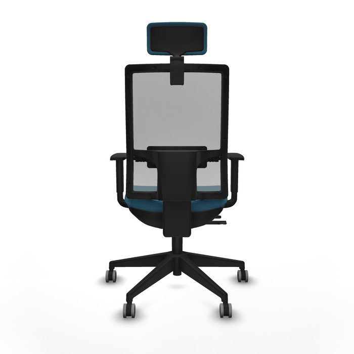 Silla de oficina Horna con mecanismo Sincro/Traslack tapizada con Tela color Verde petróleo y malla color Gris. Equipada con lumbar 1D, Brazos 1D, Cabecero 2D y Ruedas 65 mm parqué