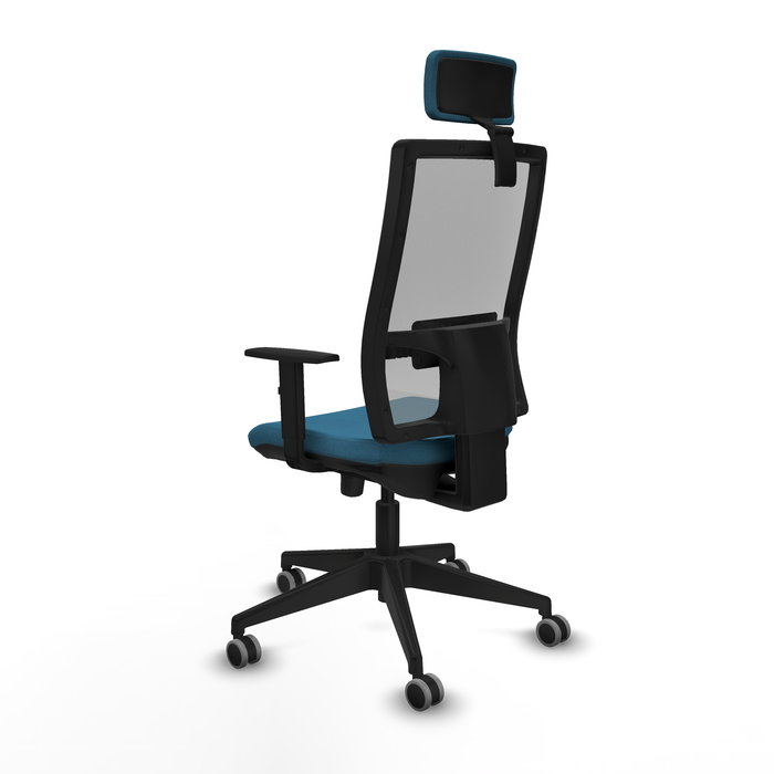 Silla de oficina Horna con mecanismo Sincro/Traslack tapizada con Tela color Verde petróleo y malla color Gris. Equipada con lumbar 1D, Brazos 1D, Cabecero 2D y Ruedas 65 mm parqué