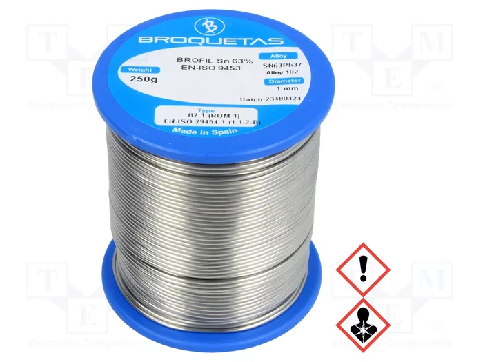 BROQUETAS Estaño Plúmbico Sn63Pb37 1mm 250g BROQUETAS Estaño Plúmbico Sn63Pb37 1mm 250g