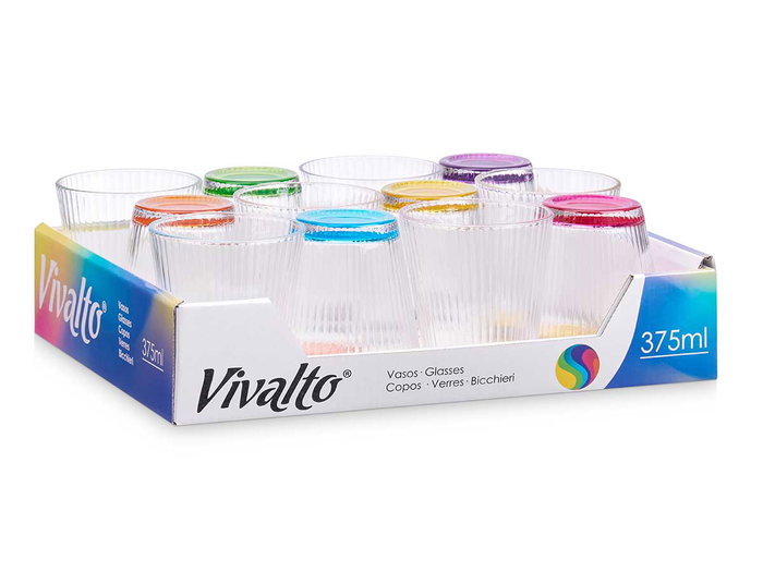 VIVALTO Vaso Vidrio Rayas Transparente Color 375 ml 9.3x10.5x9.3cm (Set de 24)