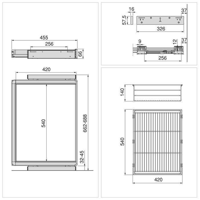 Emuca Kit de cajón de alambre y bastidor regulable Quartz para armarios, guías de cierre suave y extracción total, Módulo 70cm, Acabado Titanio