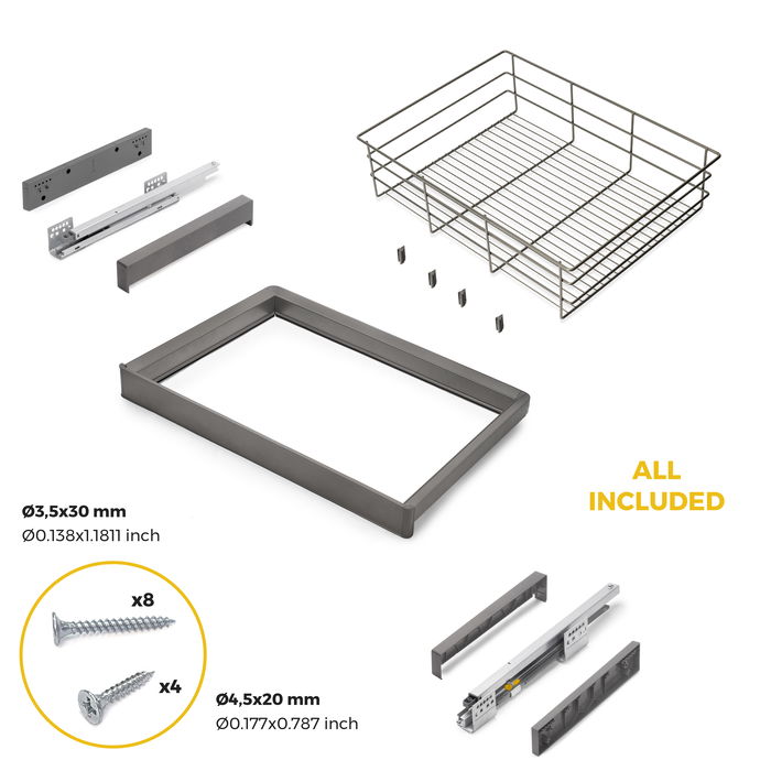 Emuca Kit de cajón de alambre y bastidor regulable Quartz para armarios, guías de cierre suave y extracción total, Módulo 70cm, Acabado Titanio