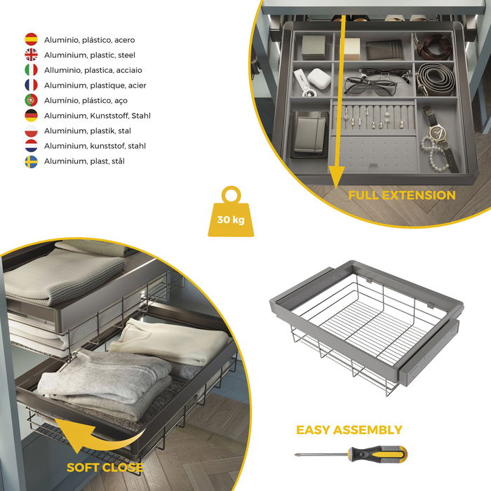 Emuca Kit de cajón de alambre y bastidor regulable Quartz para armarios, guías de cierre suave y extracción total, Módulo 70cm, Acabado Titanio