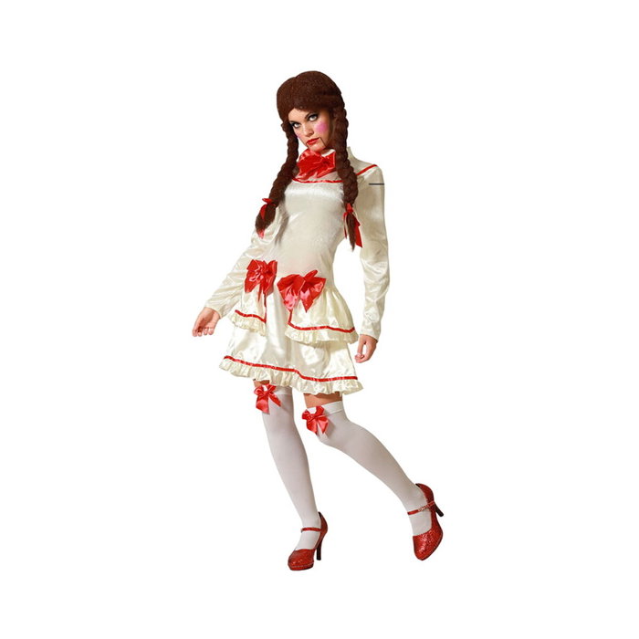 Disfraz Muñeca De Porcelana Adulta, Vestido Beige con Lazos Rojos, Talla XL