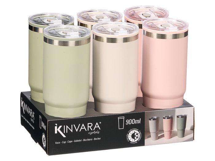 Kinvara Vaso Doble Capa Térmico 900 ml, Colores Surtidos (Beige, Rosa, Verde), Dimensiones: 9.8x23x9 cm, Material Metal SS, Plástico PP y Silicona (Set de 12)