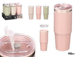 Kinvara Vaso Doble Capa Térmico 900 ml, Colores Surtidos (Beige, Rosa, Verde), Dimensiones: 9.8x23x9 cm, Material Metal SS, Plástico PP y Silicona (Set de 12)