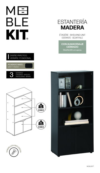 Inde Estantería de Madera de 4 Niveles con Puerta Móvil, Mueble para Almacenaje, 59x29x120 cm