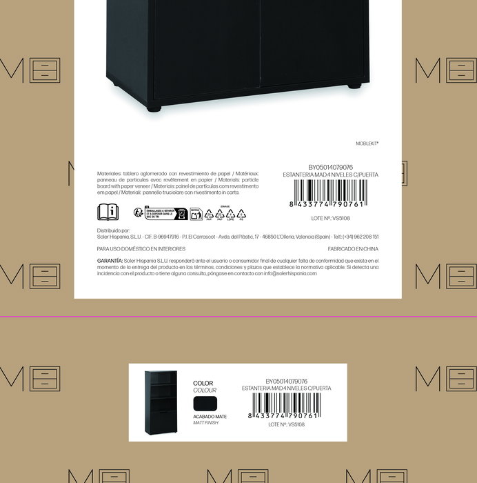 Inde Estantería de Madera de 4 Niveles con Puerta Móvil, Mueble para Almacenaje, 59x29x120 cm