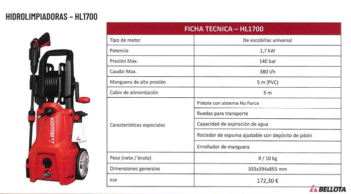 Bellota HL1700E Hidrolimpiadora de 1,7kW y 140 bar