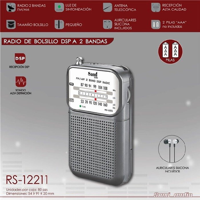 SAMI Radio Mini 2 Bandas con Auriculares - Recepción HQ, Color Gris