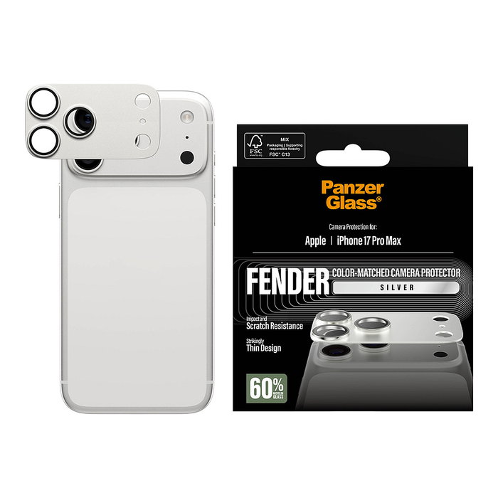 PanzerGlass Protector de Cámara FENDER para iPhone 17 Pro Max - Plata, Vidrio Templado, Aplicación en Seco, Resistente a Golpes