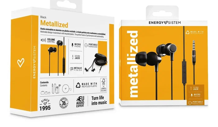 Energy Sistem Auriculares Metallized Intrauditivos con Cable, Micrófono Integrado, Control de Volumen, Negro - Para Música y Llamadas, Almohadillas Múltiples y Funda Incluida