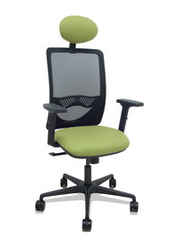 Silla de oficina Zulema con mecanismo Sincro tapizada con Tela color Verde oliva y malla color Negro. Equipada con lumbar 1D, Brazos 2D, Cabecero Fijo y Ruedas 65mm nailon