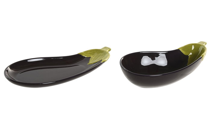 DKD Home Decor Bandeja de Gres Berenjena Lila y Verde 26x11x2 cm