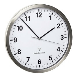 TFA 60.3523.02 Funkwanduhr Reloj de Pared de Cuarzo, Diseño Clásico, Marco de Acero Inoxidable y Vidrio, Plata y Blanco