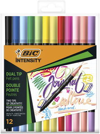 Bic Rotulador Intensity 2 en 1 Punta Fina y Pincel, Colores Mixtos Surtidos Blíster 12 Ud
