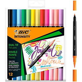 Bic Rotulador Intensity 2 en 1 Punta Fina y Pincel, Colores Mixtos Surtidos Blíster 12 Ud