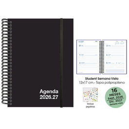 Agenda Anual (2026-27) Senfort 16 Meses Student Unicolor Espiral Tapa Pp Con Goma 120X170 S/V Negro