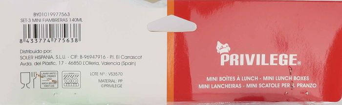 Privilege Set 3 Mini Fiambreras 140ml 6.2 cm Ancho x 7.6 cm Alto x 5.8 cm Largo (24 Unidades)