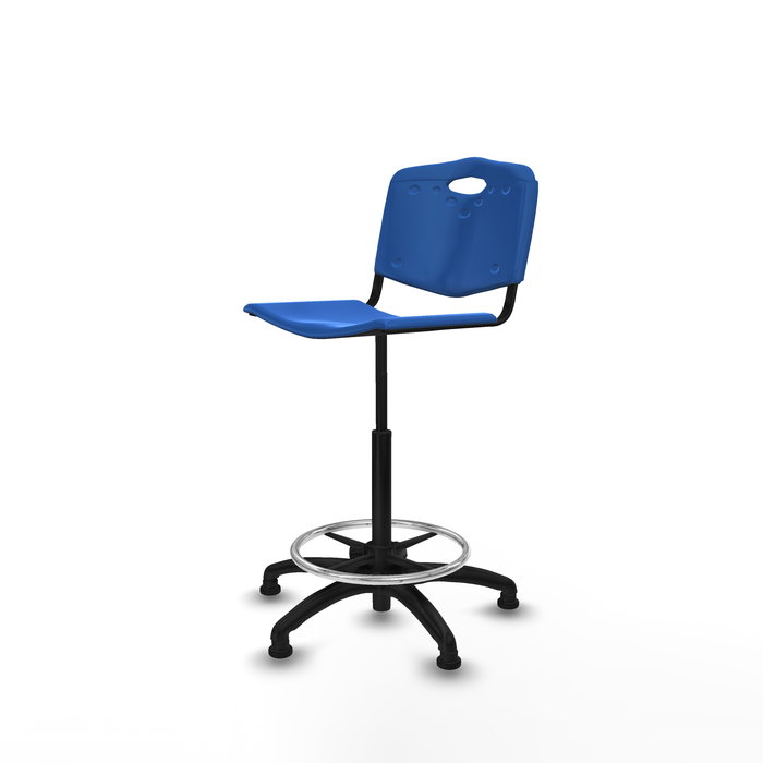 Taburete Robledo con mecanismo Giratorio de PVC color Azul. Equipado con Base poliamida negra, Sin brazosy Topes