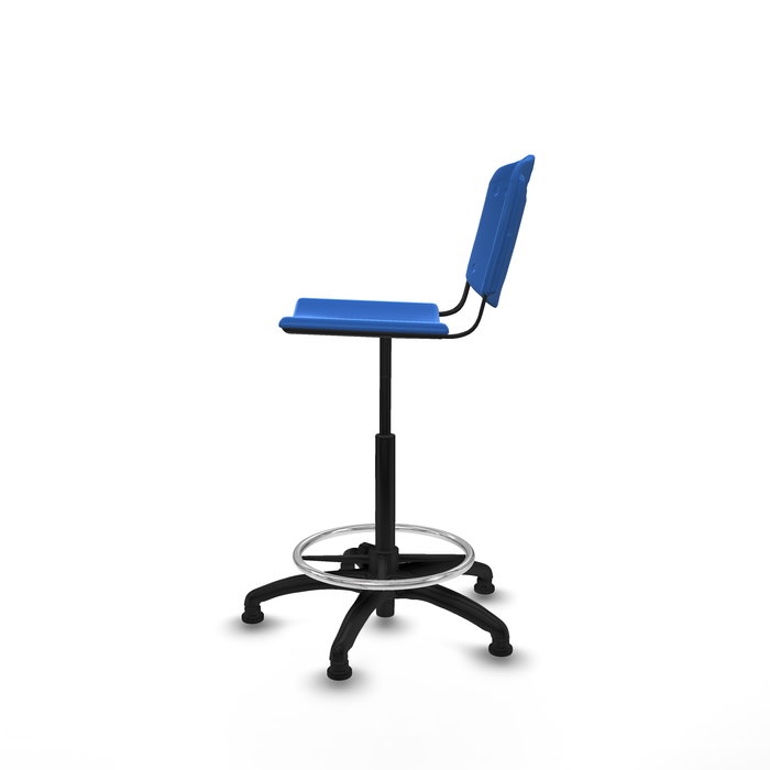 Taburete Robledo con mecanismo Giratorio de PVC color Azul. Equipado con Base poliamida negra, Sin brazosy Topes