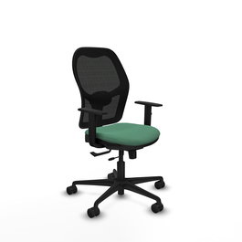 Silla de oficina Jorquera con mecanismo Sincro/Traslack tapizada con Tela color Verde esmeralda y malla color Negro. Equipada con lumbar 1D, Brazos 1D y Ruedas 65mm nailon