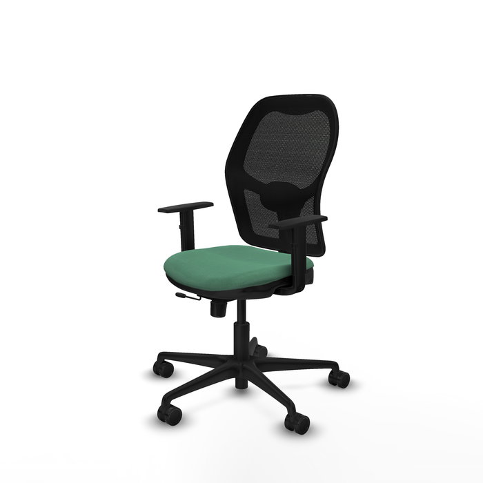 Silla de oficina Jorquera con mecanismo Sincro/Traslack tapizada con Tela color Verde esmeralda y malla color Negro. Equipada con lumbar 1D, Brazos 1D y Ruedas 65mm nailon