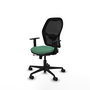 Silla de oficina Jorquera con mecanismo Sincro/Traslack tapizada con Tela color Verde esmeralda y malla color Negro. Equipada con lumbar 1D, Brazos 1D y Ruedas 65mm nailon