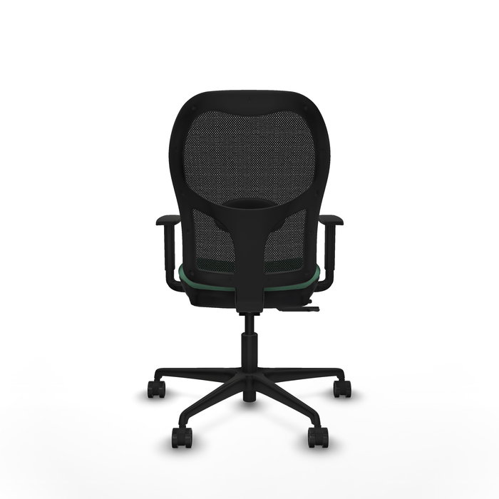 Silla de oficina Jorquera con mecanismo Sincro/Traslack tapizada con Tela color Verde esmeralda y malla color Negro. Equipada con lumbar 1D, Brazos 1D y Ruedas 65mm nailon