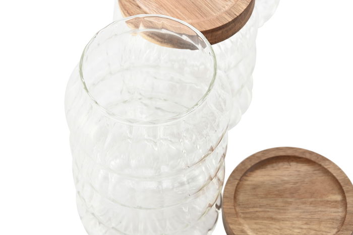 DKD Home Decor Bote Set de 3 Transparente Natural Cristal Acacia 9 x 17 x 9 cm