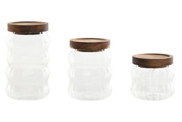 DKD Home Decor Bote Set de 3 Transparente Natural Cristal Acacia 9 x 17 x 9 cm
