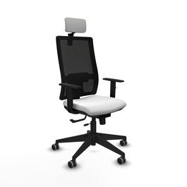 Silla de oficina Horna con mecanismo Sincro/Traslack tapizada con Tela color Blanco y malla color Negro. Equipada con lumbar 1D, Brazos 1D, Cabecero 2D y Ruedas 65 mm parqué