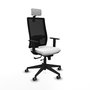 Silla de oficina Horna con mecanismo Sincro/Traslack tapizada con Tela color Blanco y malla color Negro. Equipada con lumbar 1D, Brazos 1D, Cabecero 2D y Ruedas 65 mm parqué