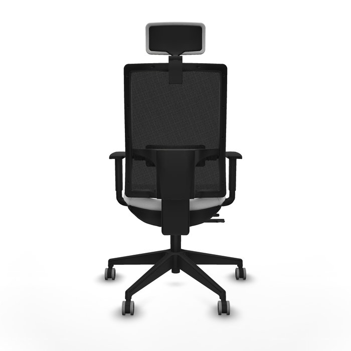 Silla de oficina Horna con mecanismo Sincro/Traslack tapizada con Tela color Blanco y malla color Negro. Equipada con lumbar 1D, Brazos 1D, Cabecero 2D y Ruedas 65 mm parqué